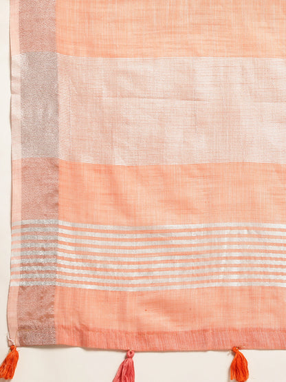 Peach Woven Linen Blend Saree with Silver Zari Border and Tassels