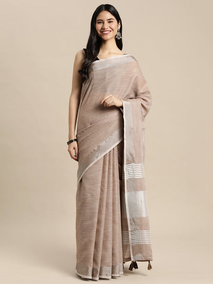 Brown Woven Linen Blend Saree with Silver Zari Border & Tassels