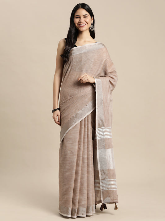 Brown Woven Linen Blend Saree with Silver Zari Border & Tassels