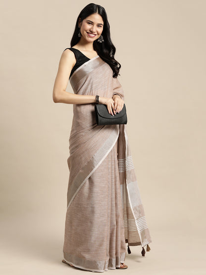 Brown Woven Linen Blend Saree with Silver Zari Border & Tassels