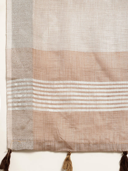 Brown Woven Linen Blend Saree with Silver Zari Border & Tassels