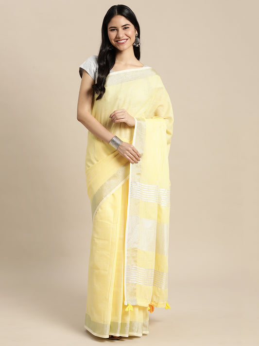 Yellow Linen Cotton Woven Zari Work Traditional Tassel Saree