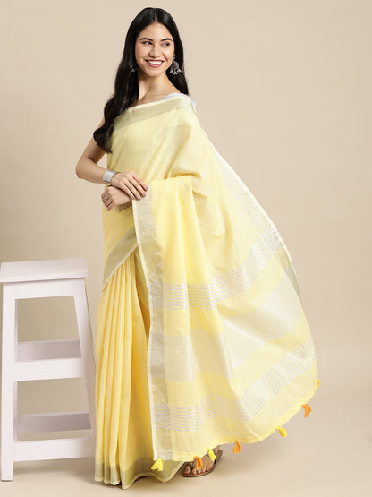 Yellow Linen Cotton Woven Zari Work Traditional Tassel Saree