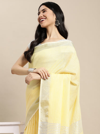 Yellow Linen Cotton Woven Zari Work Traditional Tassel Saree
