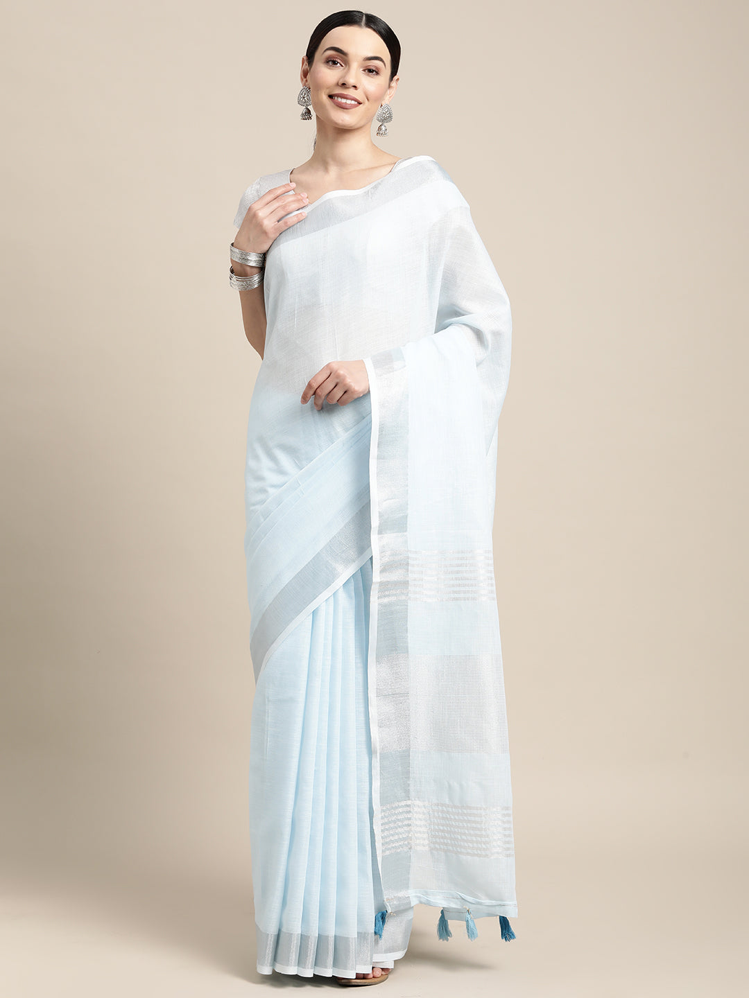 Sky Blue Linen Cotton Woven Zari Work Traditional Tassel Saree