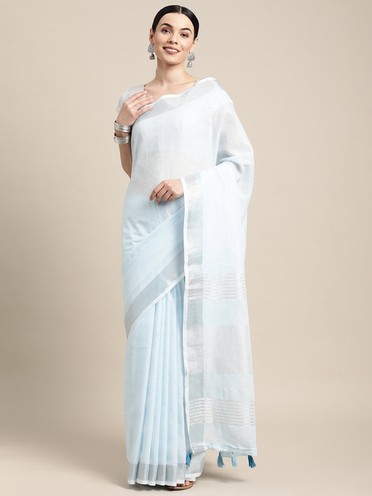 Sky Blue Linen Cotton Woven Zari Work Traditional Tassel Saree