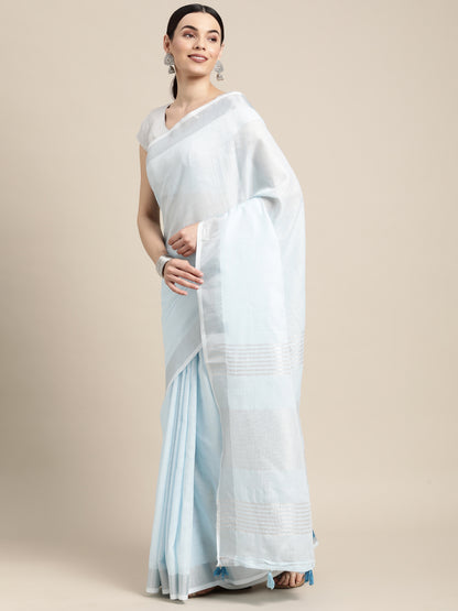 Sky Blue Linen Cotton Woven Zari Work Traditional Tassel Saree
