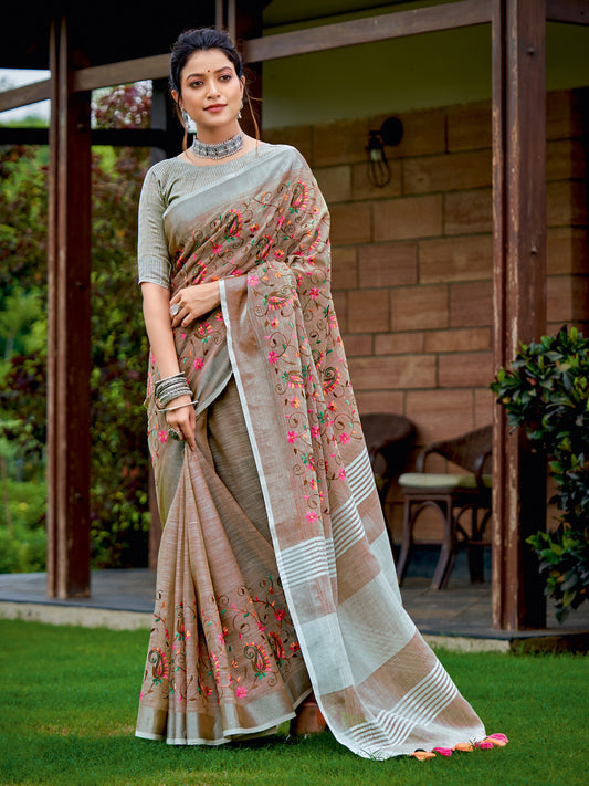 Astita Royal Brown Linen Cotton Saree with Vibrant Floral Zari Border | Premium Festive & Party Collection