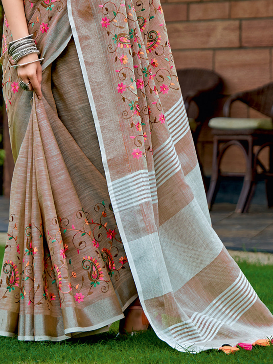 Astita Royal Brown Linen Cotton Saree with Vibrant Floral Zari Border | Premium Festive & Party Collection
