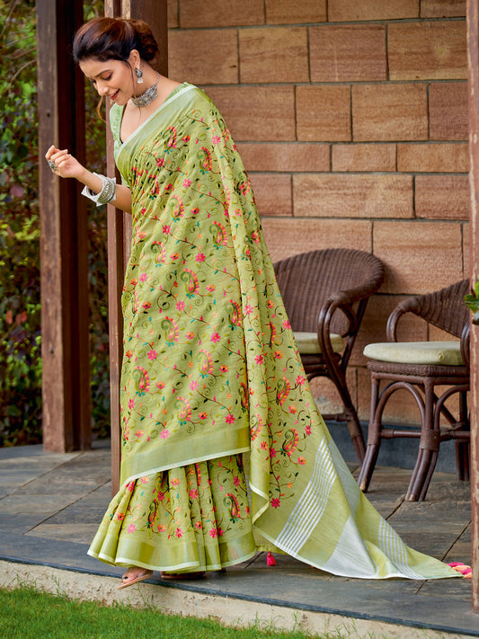 Astita Royal Yellow Green Linen Cotton Saree with Vibrant Floral Zari Border | Premium Festive & Party Collection