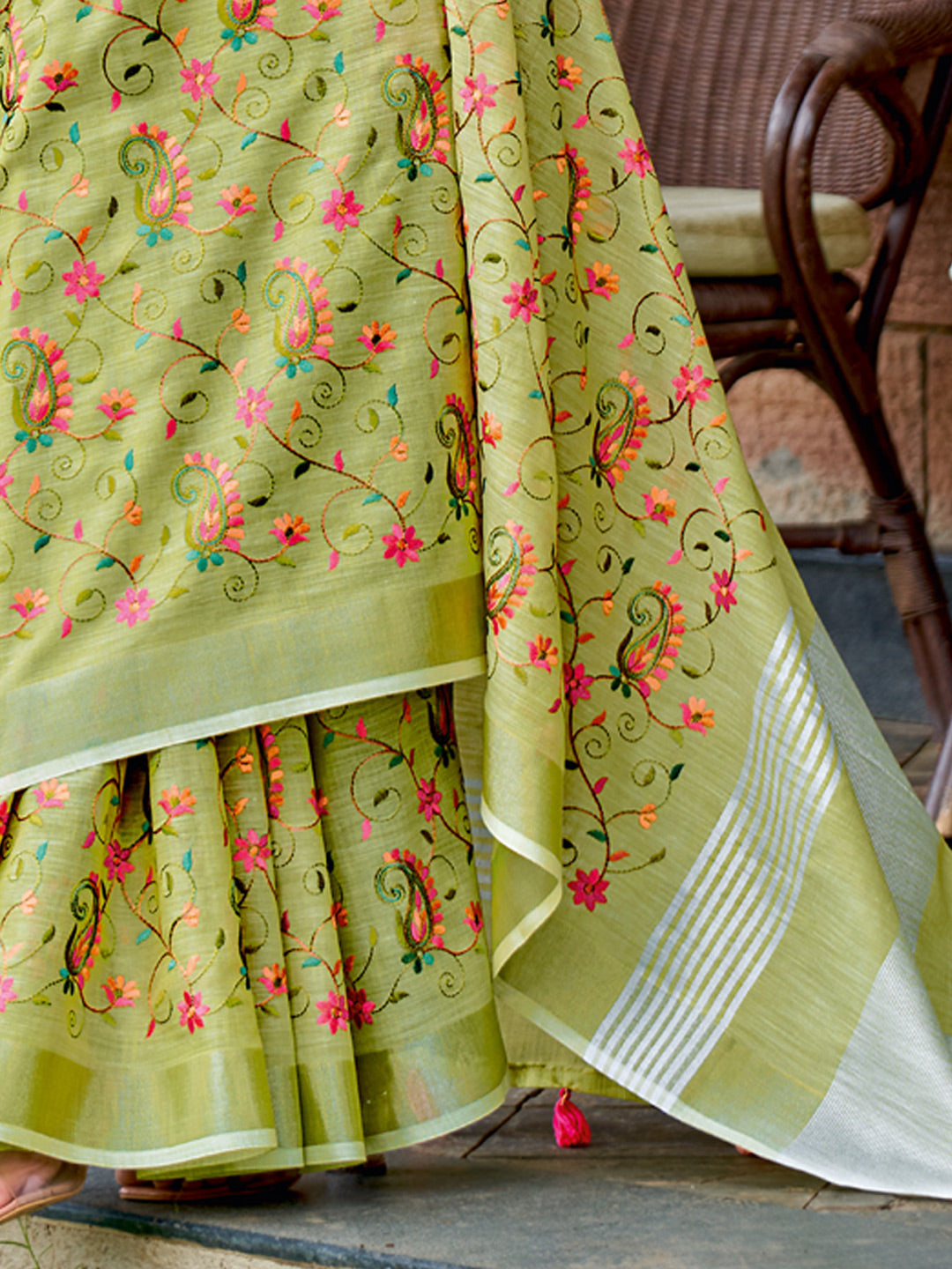 Astita Royal Yellow Green Linen Cotton Saree with Vibrant Floral Zari Border | Premium Festive & Party Collection