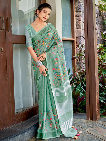 Astita Royal Sea Green Linen Cotton Saree with Vibrant Floral Zari Border | Premium Festive & Party Collection