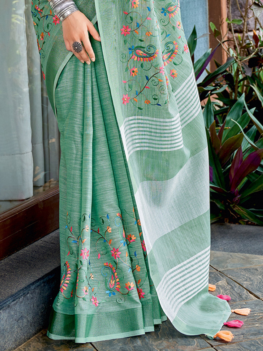 Astita Royal Sea Green Linen Cotton Saree with Vibrant Floral Zari Border | Premium Festive & Party Collection