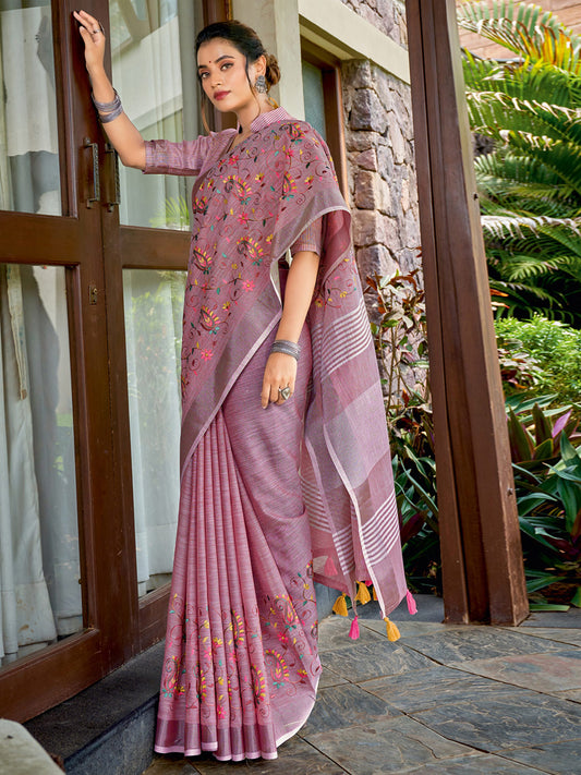 Astita Royal Purple Linen Cotton Saree with Vibrant Floral Zari Border | Premium Festive & Party Collection