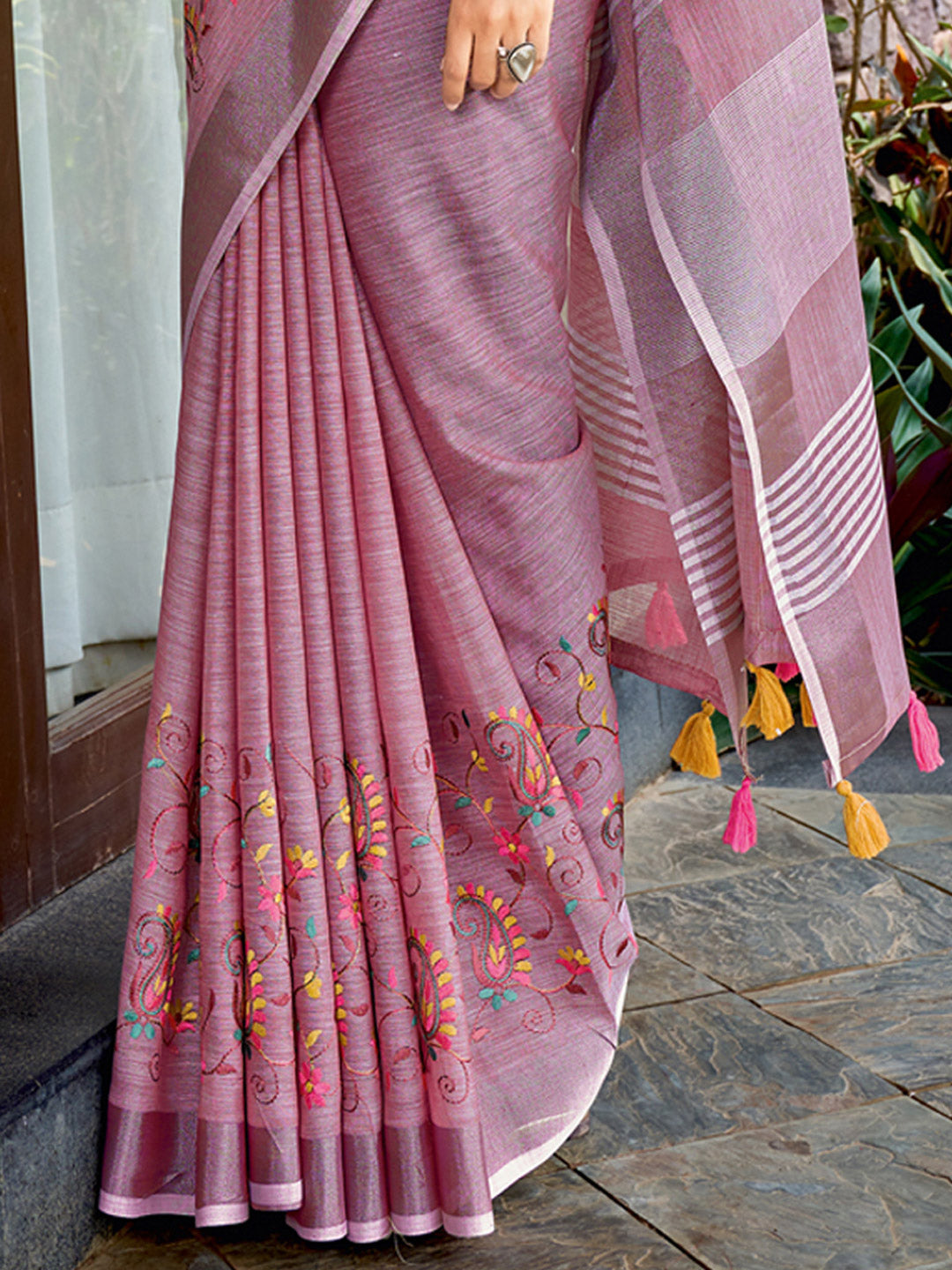 Astita Royal Purple Linen Cotton Saree with Vibrant Floral Zari Border | Premium Festive & Party Collection