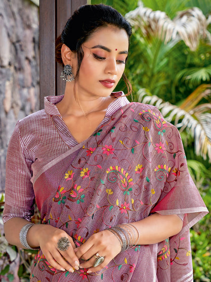 Astita Royal Purple Linen Cotton Saree with Vibrant Floral Zari Border | Premium Festive & Party Collection