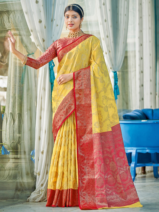 Astita Yellow Red Linen Cotton Saree with Rich Zari Border Festive Wear Saree for Wedding and Party