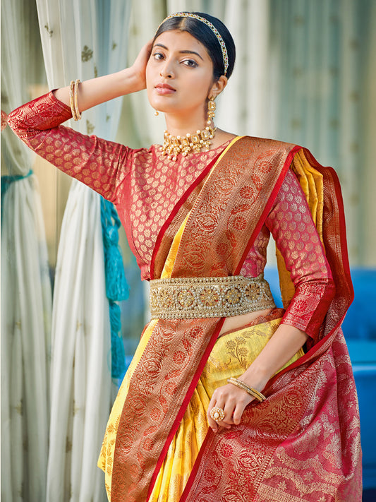 Astita Yellow Red Linen Cotton Saree with Rich Zari Border Festive Wear Saree for Wedding and Party