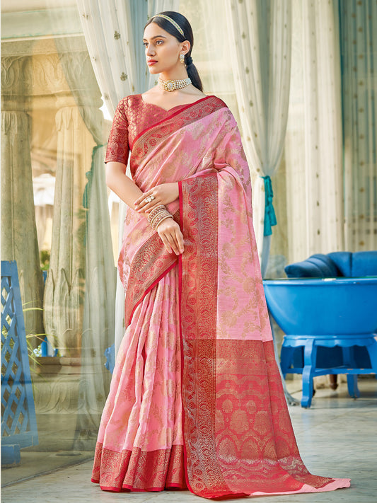 Astita Light Pink Red Linen Cotton Saree with Rich Zari Border Festive Wear Saree for Wedding and Party