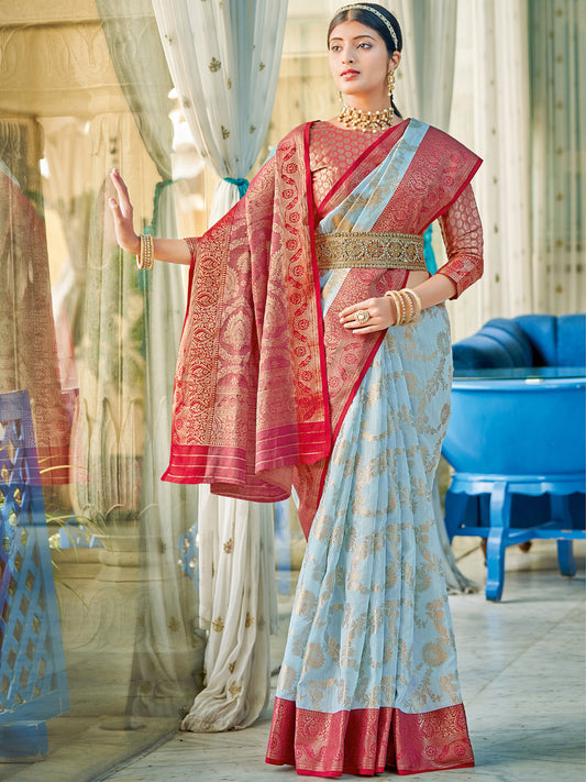 Astita Sky Blue Red Linen Cotton Saree with Rich Zari Border Festive Wear Saree for Wedding and Party