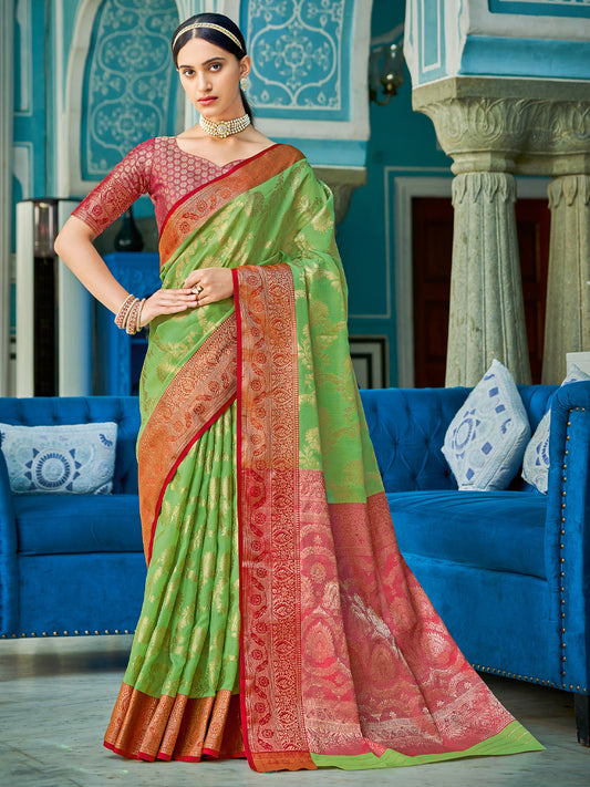 Astita Light Green Red Linen Cotton Saree with Rich Zari Border Festive Wear Saree for Wedding and Party