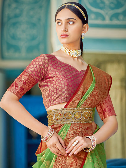 Astita Light Green Red Linen Cotton Saree with Rich Zari Border Festive Wear Saree for Wedding and Party