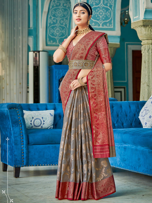 Astita Grey Red Linen Cotton Saree with Rich Zari Border Festive Wear Saree for Wedding and Party