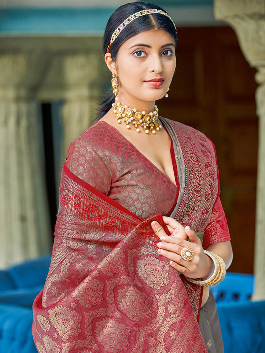 Astita Grey Red Linen Cotton Saree with Rich Zari Border Festive Wear Saree for Wedding and Party
