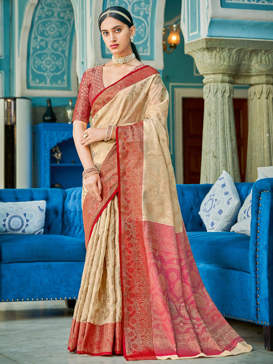 Astita Cream Red Linen Cotton Saree with Rich Zari Border Festive Wear Saree for Wedding and Party