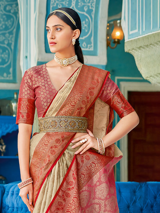 Astita Cream Red Linen Cotton Saree with Rich Zari Border Festive Wear Saree for Wedding and Party