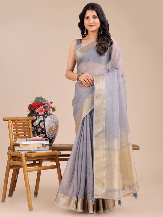 Astita Elegant Grey and Gold Organza Saree – Sheer Sophistication for Modern Celebrations