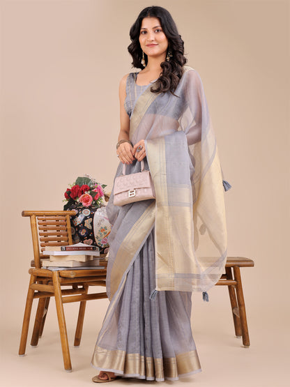 Astita Elegant Grey and Gold Organza Saree – Sheer Sophistication for Modern Celebrations