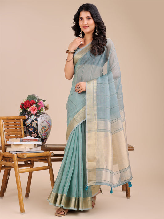 Astita Elegant Grey and Gold Organza Saree – Sheer Sophistication for Modern Celebrations