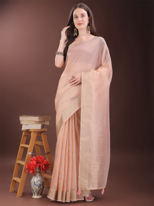 Astita Elegant Peach Organza Saree with Zari Border | Lightweight Transparent Saree with Blouse Piece for Festive & Daily Wear