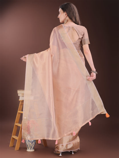 Astita Elegant Peach Organza Saree with Zari Border | Lightweight Transparent Saree with Blouse Piece for Festive & Daily Wear