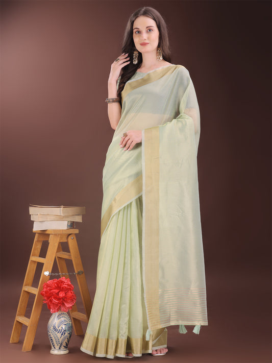 Astita Elegant Light Green Organza Saree with Zari Border | Lightweight Transparent Saree with Blouse Piece for Festive & Daily Wear