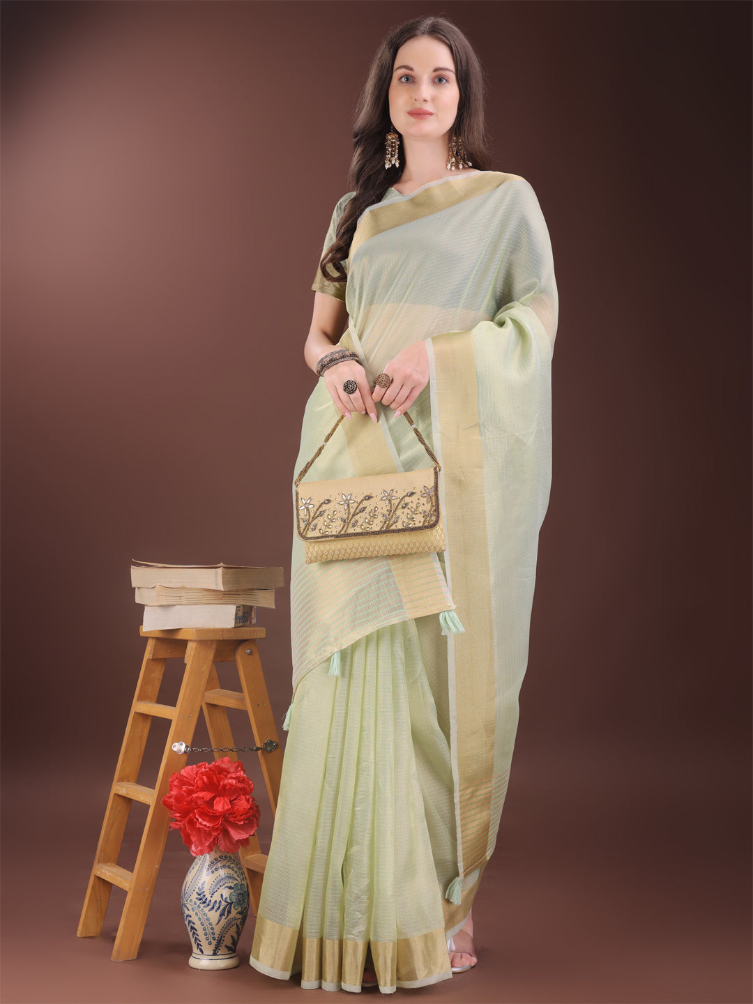 Astita Elegant Light Green Organza Saree with Zari Border | Lightweight Transparent Saree with Blouse Piece for Festive & Daily Wear