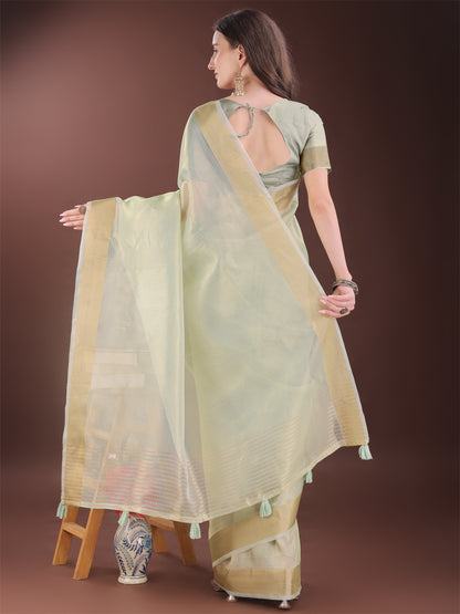 Astita Elegant Light Green Organza Saree with Zari Border | Lightweight Transparent Saree with Blouse Piece for Festive & Daily Wear