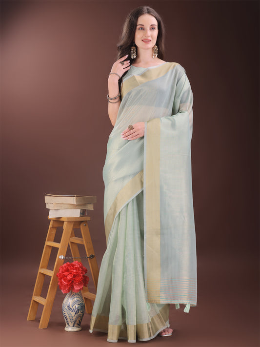 Astita Elegant Sky Blue Organza Saree with Zari Border | Lightweight Transparent Saree with Blouse Piece for Festive & Daily Wear