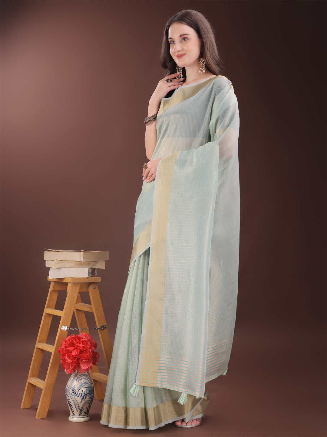 Astita Elegant Sky Blue Organza Saree with Zari Border | Lightweight Transparent Saree with Blouse Piece for Festive & Daily Wear