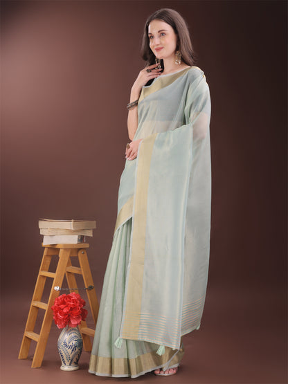 Astita Elegant Sky Blue Organza Saree with Zari Border | Lightweight Transparent Saree with Blouse Piece for Festive & Daily Wear