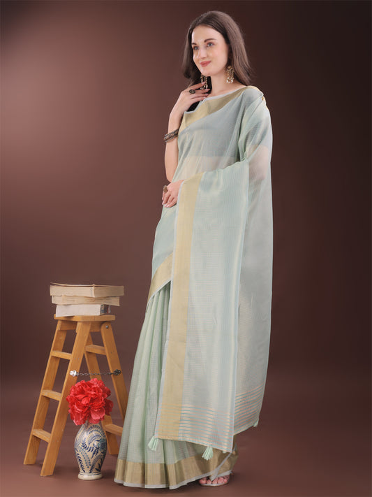 Astita Elegant Sky Blue Organza Saree with Zari Border | Lightweight Transparent Saree with Blouse Piece for Festive & Daily Wear