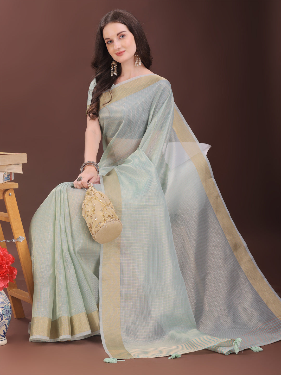 Astita Elegant Sky Blue Organza Saree with Zari Border | Lightweight Transparent Saree with Blouse Piece for Festive & Daily Wear
