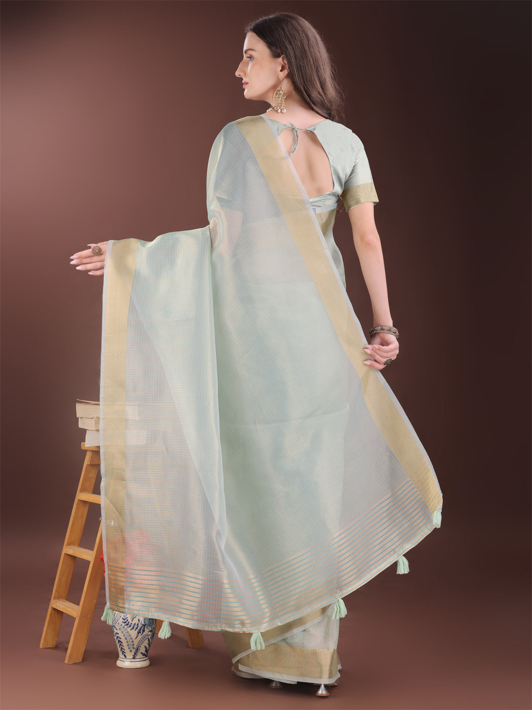Astita Elegant Sky Blue Organza Saree with Zari Border | Lightweight Transparent Saree with Blouse Piece for Festive & Daily Wear