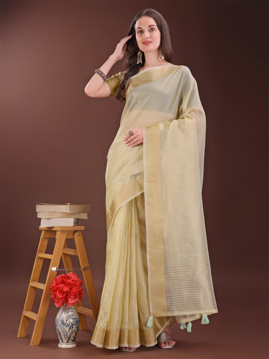 Astita Elegant Liht Yellow Organza Saree with Zari Border | Lightweight Transparent Saree with Blouse Piece for Festive & Daily Wear
