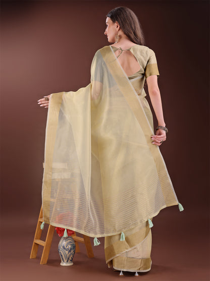 Astita Elegant Liht Yellow Organza Saree with Zari Border | Lightweight Transparent Saree with Blouse Piece for Festive & Daily Wear