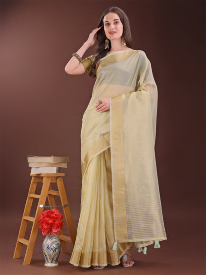 Astita Elegant Liht Yellow Organza Saree with Zari Border | Lightweight Transparent Saree with Blouse Piece for Festive & Daily Wear