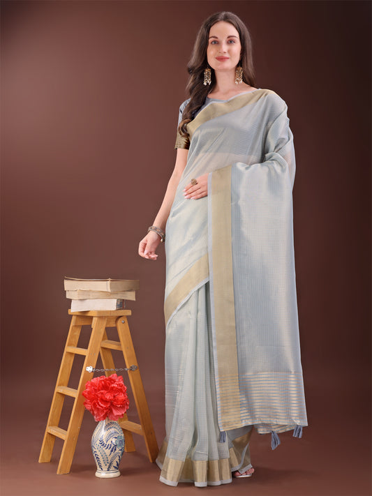 Astita Elegant Grey Organza Saree with Zari Border | Lightweight Transparent Saree with Blouse Piece for Festive & Daily Wear