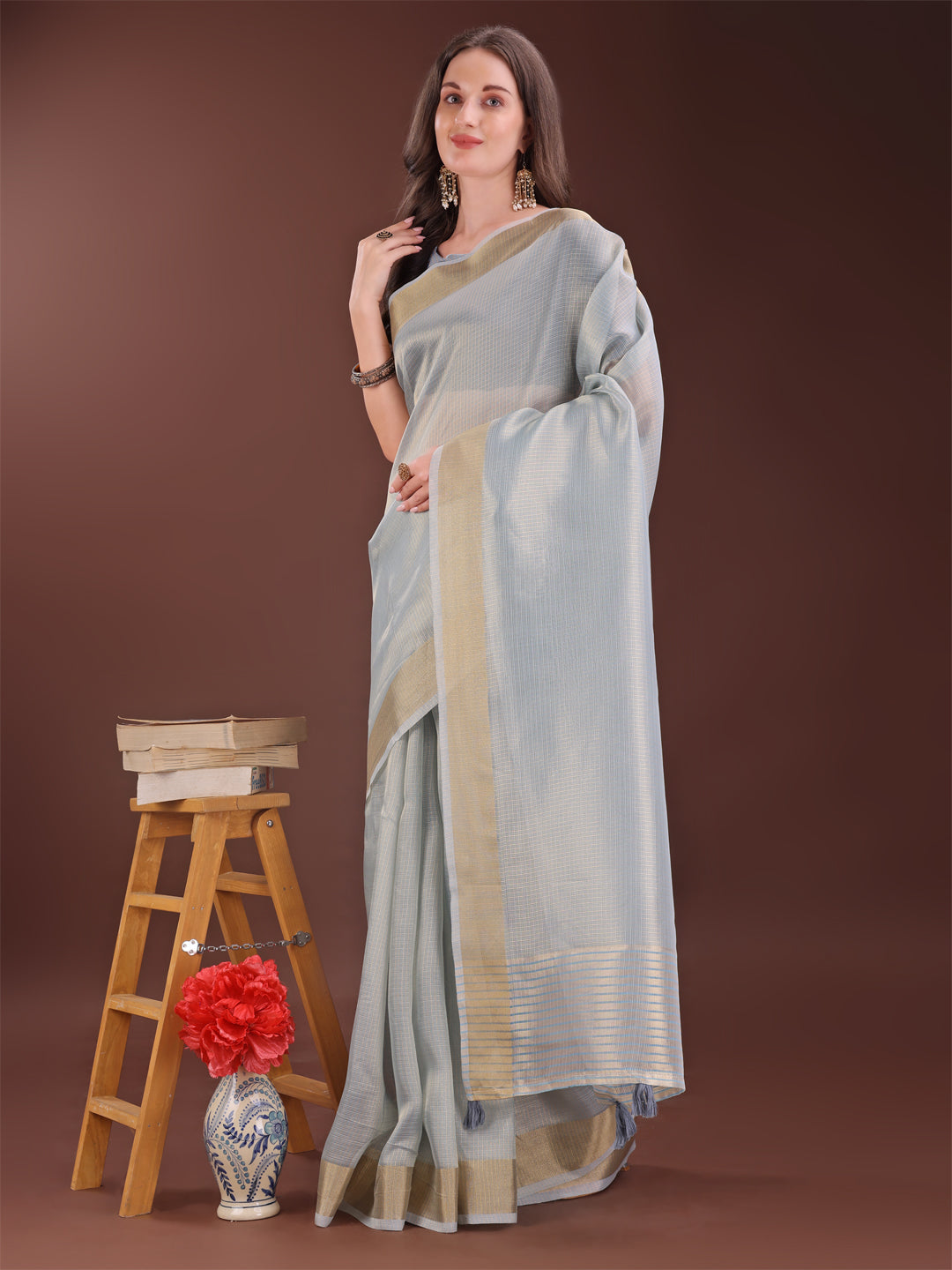 Astita Elegant Grey Organza Saree with Zari Border | Lightweight Transparent Saree with Blouse Piece for Festive & Daily Wear