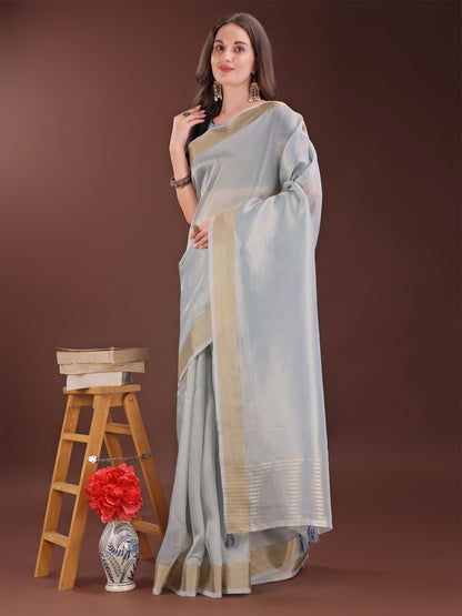 Astita Elegant Grey Organza Saree with Zari Border | Lightweight Transparent Saree with Blouse Piece for Festive & Daily Wear